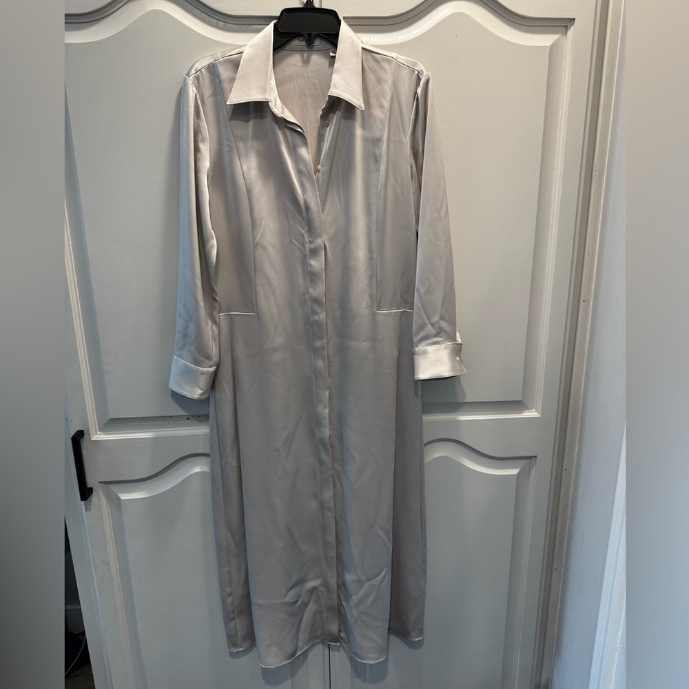 Babaton by Aritzia Long Satin Shirt Dress in Beige